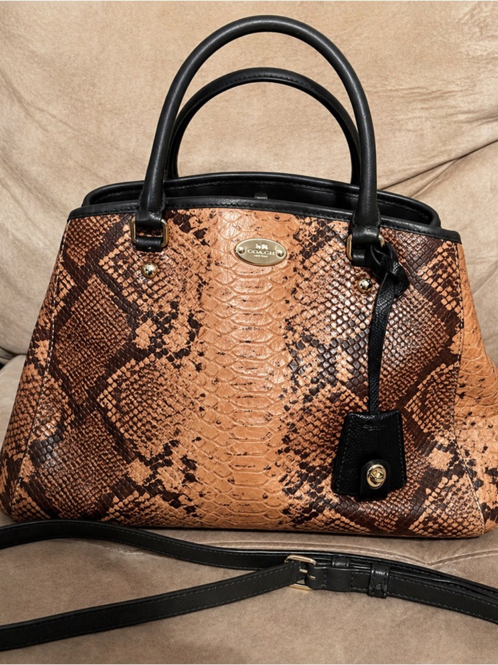 Authentic Coach Python-Embossed Margot Carryall Tote – Brown/Tan
